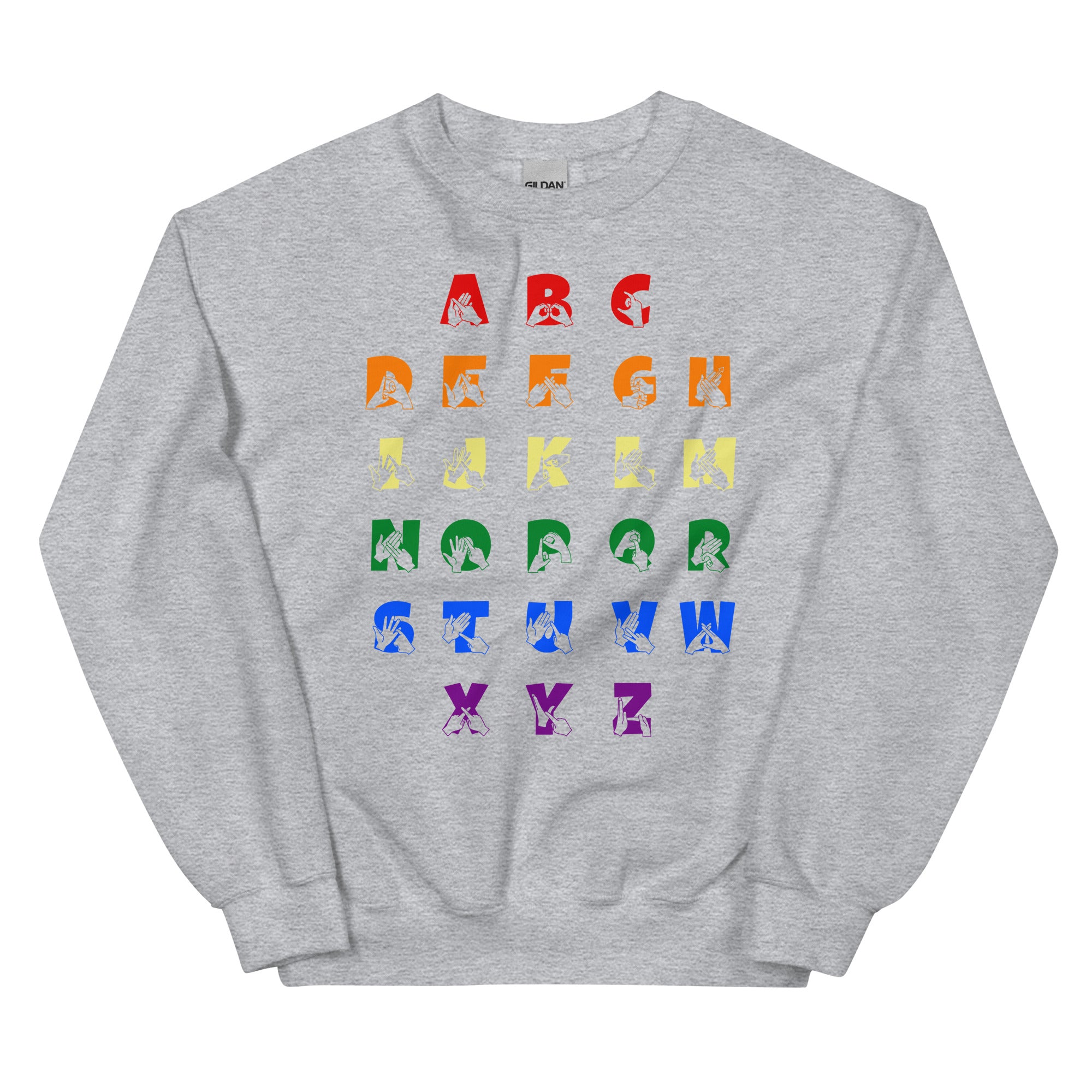 Front view of a sport grey sweatshirt with BSL Alphabet - Pride Fingerspelling & Text