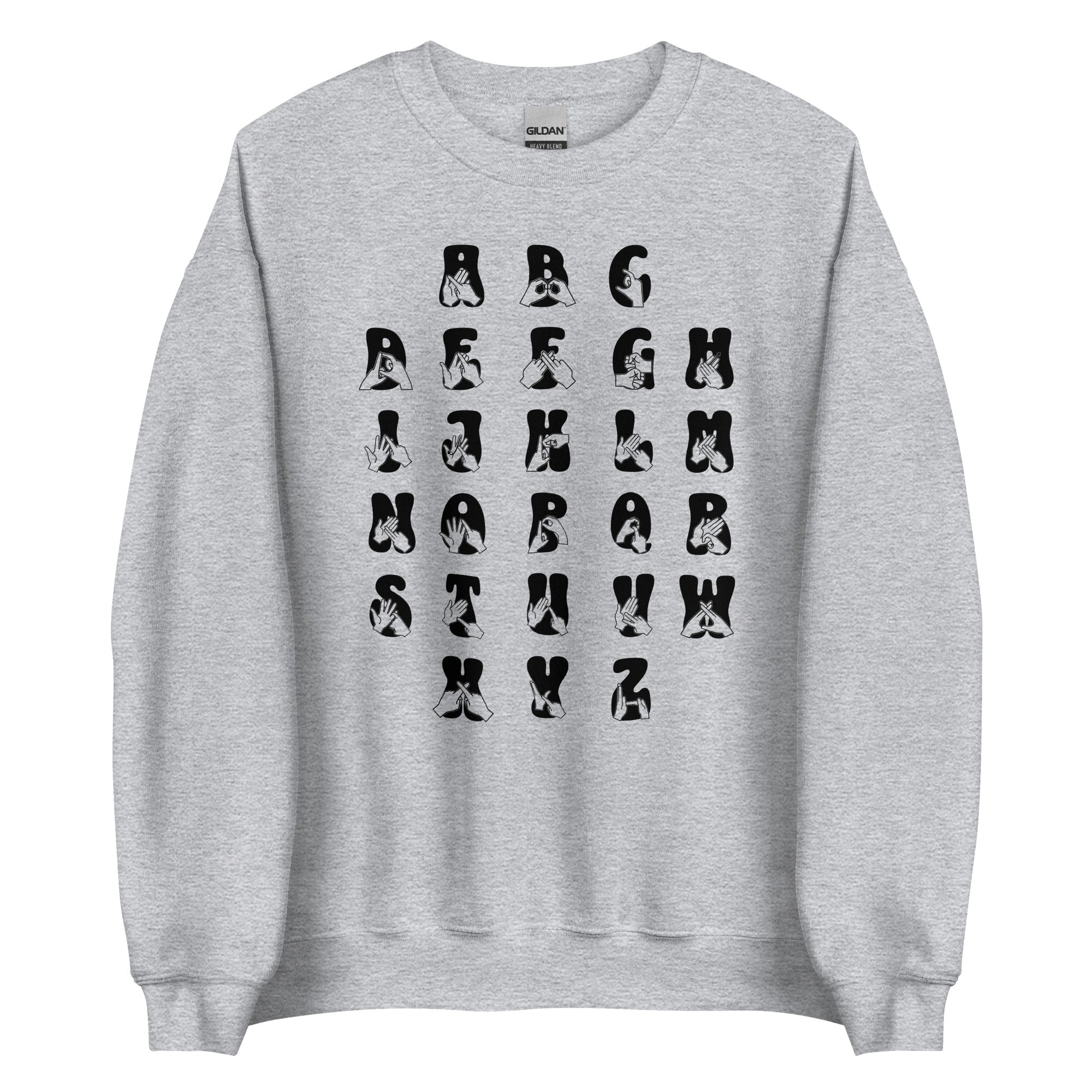 Front view of a sport grey sweatshirt with BSL Alphabet - Black Fingerspelling & Text
