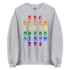 Front view of a sport grey sweatshirt with BSL Alphabet - Pride Fingerspelling & Text