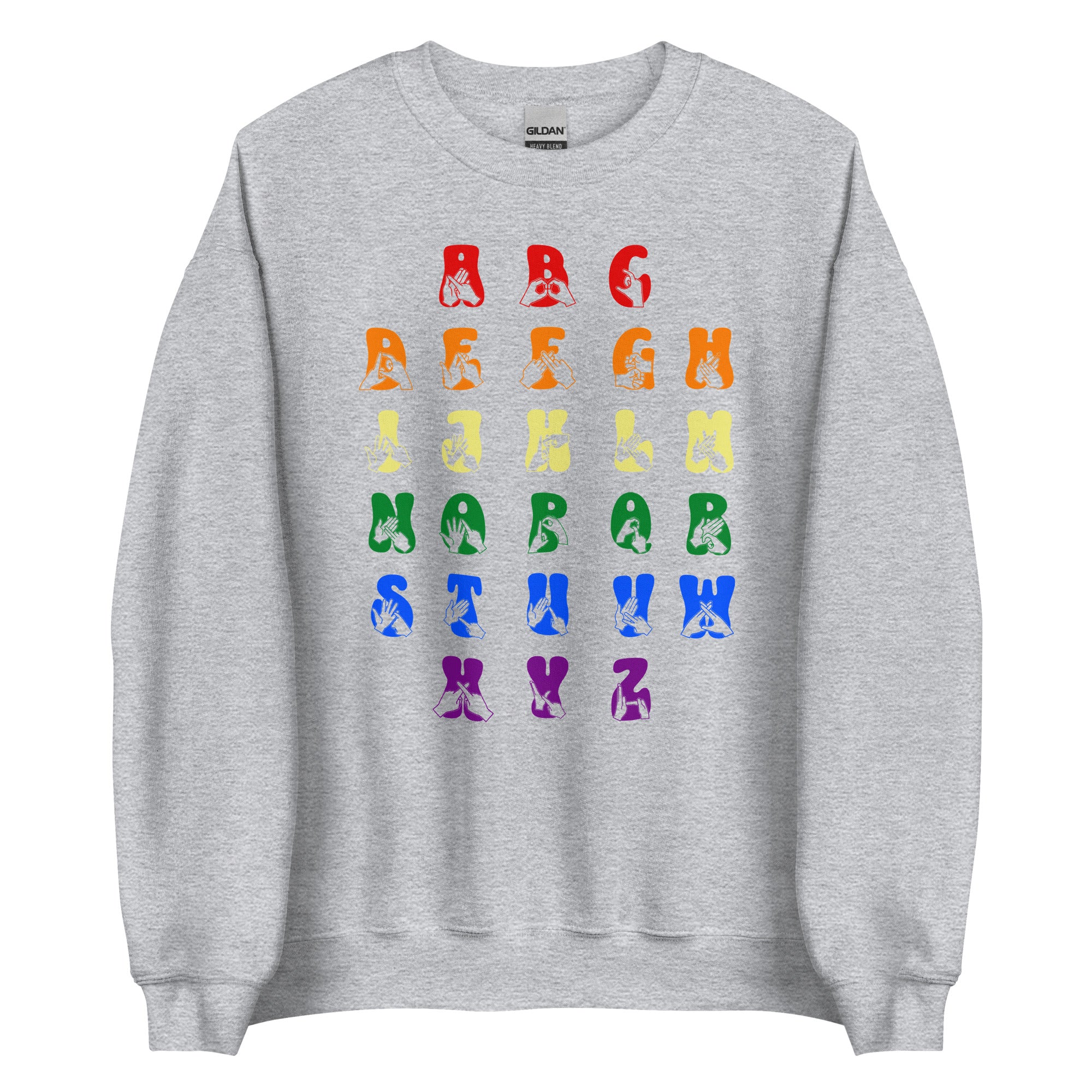 Front view of a sport grey sweatshirt with BSL Alphabet - Pride Fingerspelling & Text