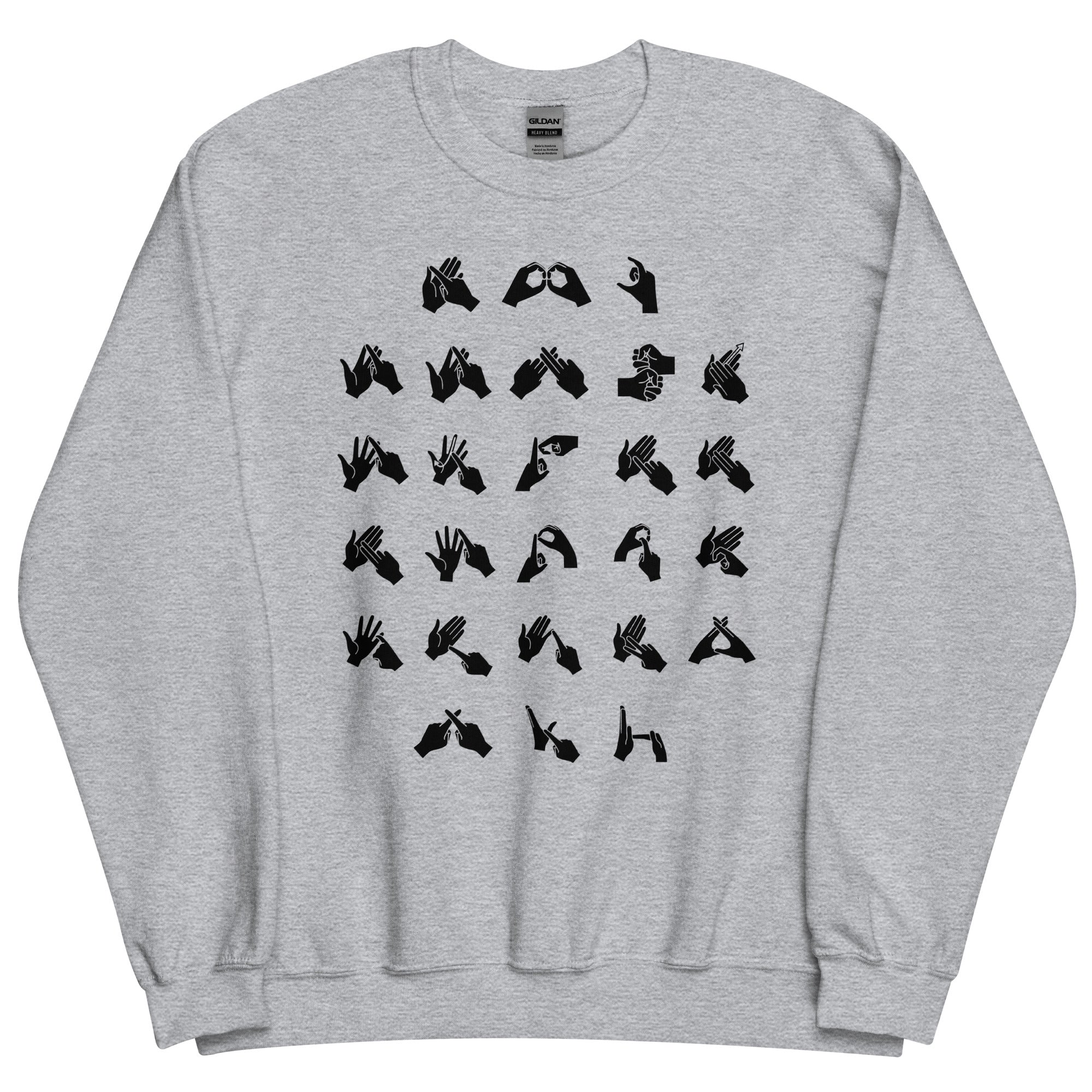 Front view of a sport grey sweatshirt with BSL Alphabet - Black Fingerspelling