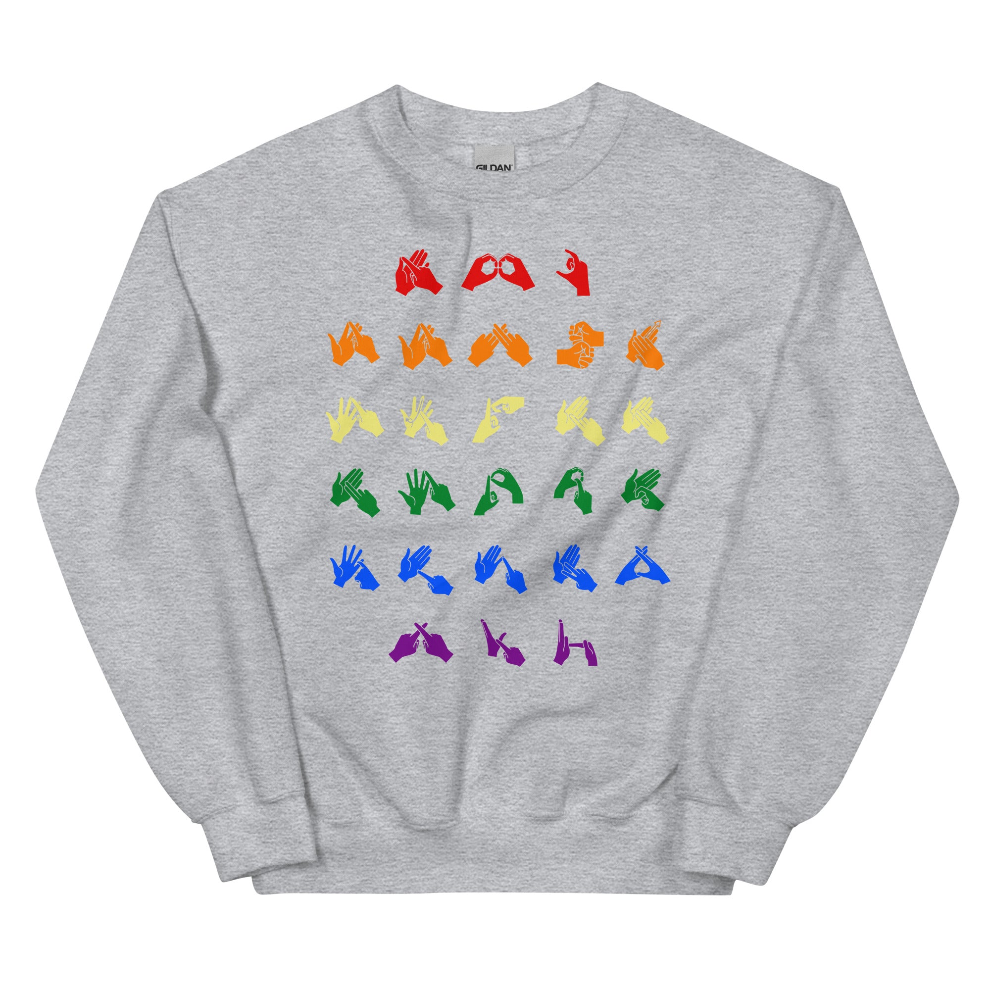 Front view of a sport grey sweatshirt with BSL Alphabet - Pride Fingerspelling