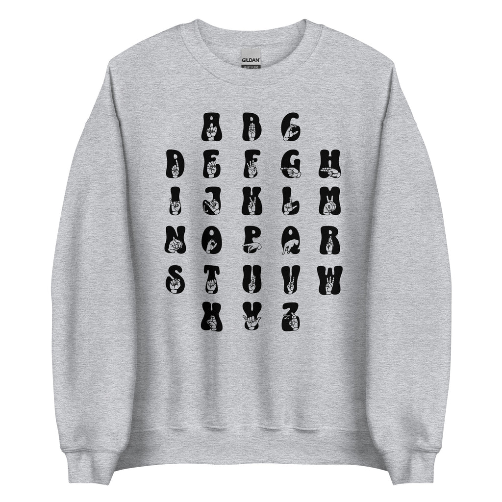 Front view of a sport grey sweatshirt with ASL Alphabet - Black Fingerspelling & Text