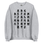 Front view of a sport grey sweatshirt with ASL Alphabet - Black Fingerspelling & Text