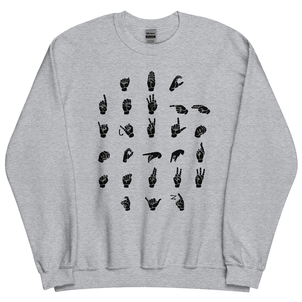 Front view of a sport grey sweatshirt with ASL Alphabet - Black Fingerspelling