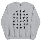 Front view of a sport grey sweatshirt with ASL Alphabet - Black Fingerspelling