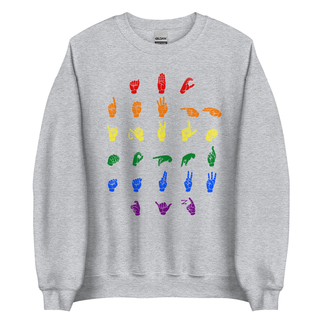 Front view of a sport grey sweatshirt with ASL Alphabet - Pride Fingerspelling