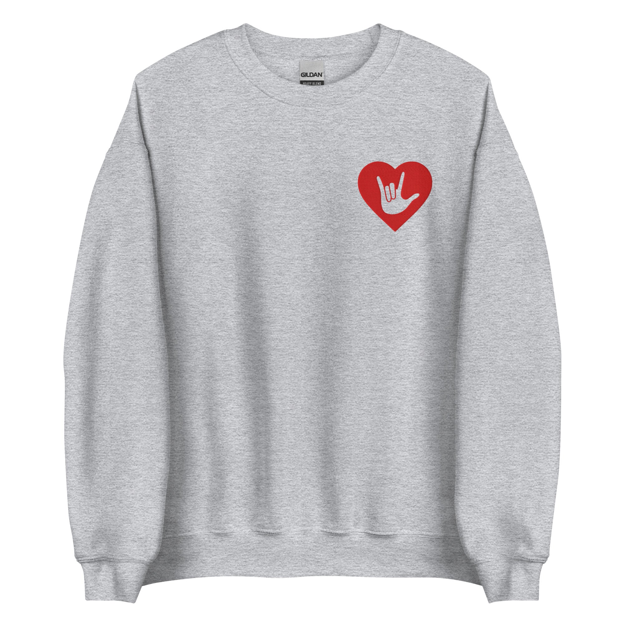 Front view of a sport grey sweatshirt showing a red coloured heart and the iconic ASL I Love You sign embedded in it on the left side of the chest