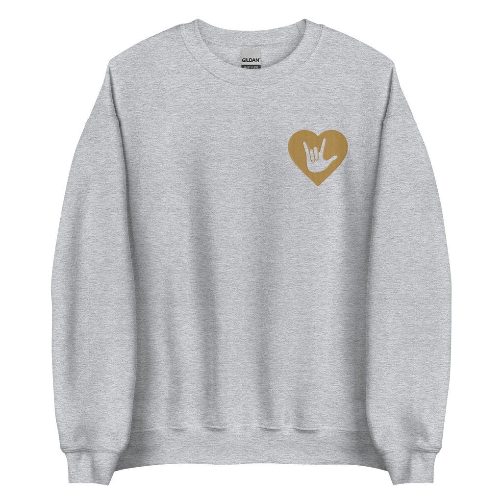 Front view of a sport grey sweatshirt showing a gold coloured heart and the iconic ASL I Love You sign embedded in it on the left side of the chest