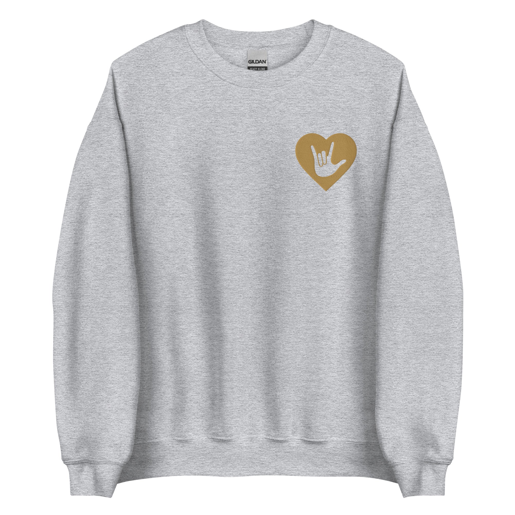 Front view of a sport grey sweatshirt showing a gold coloured heart and the iconic ASL I Love You sign embedded in it on the left side of the chest
