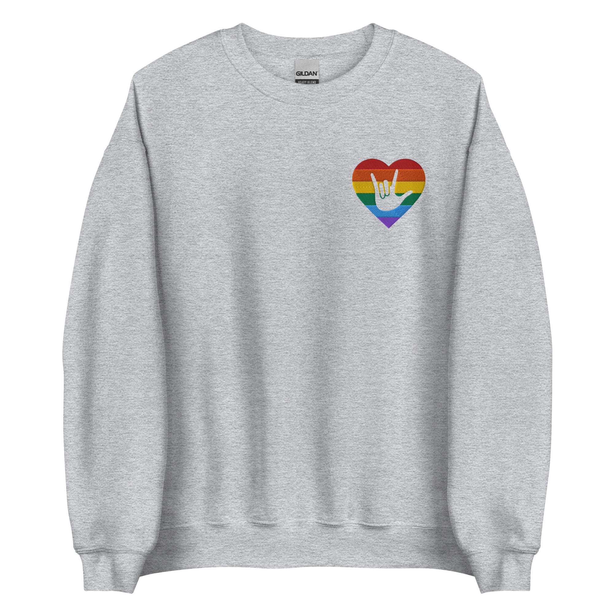 Front view of a sport grey sweatshirt showing a pride coloured heart and the iconic ASL I Love You sign embedded in it on the left side of the chest