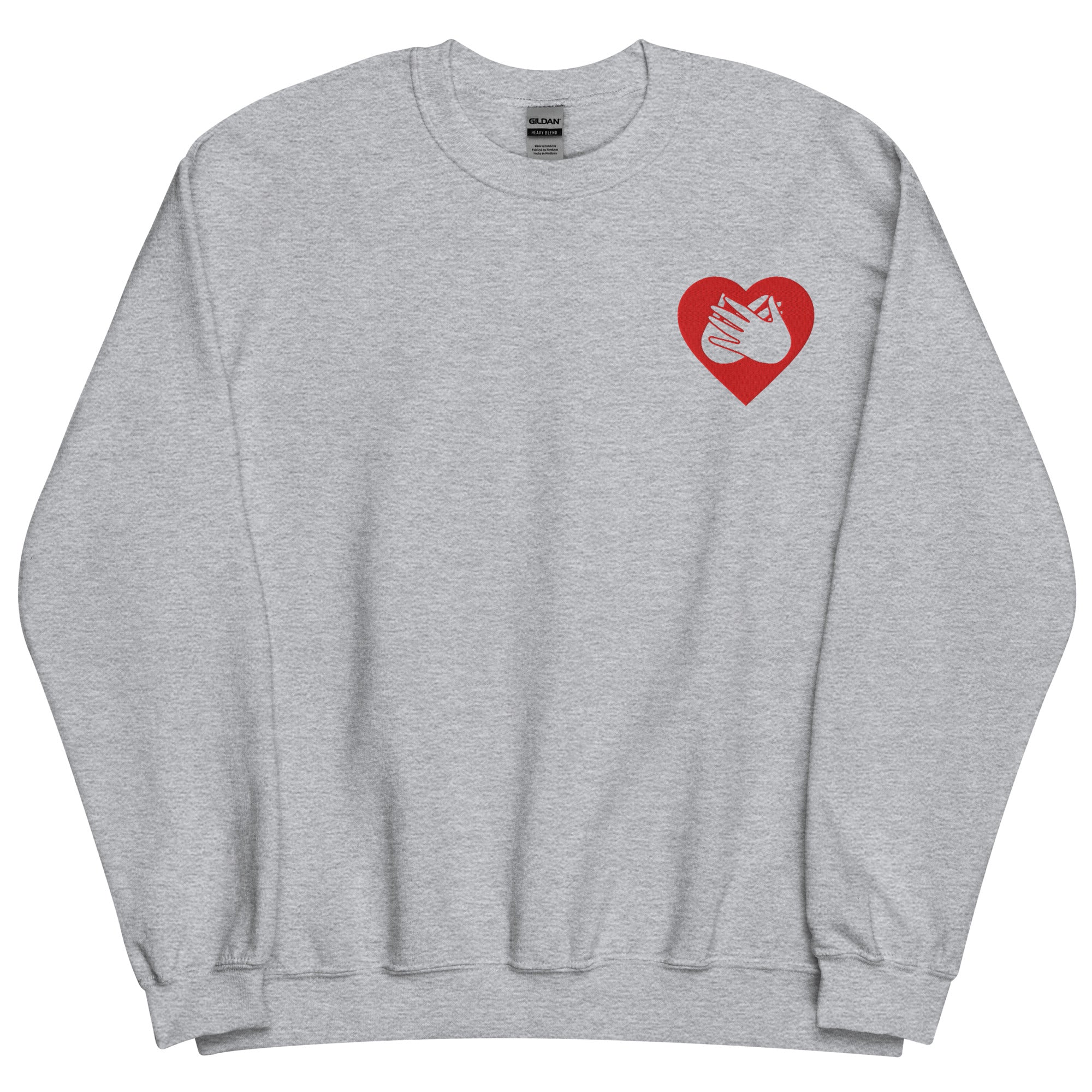 Front view of a sport grey sweatshirt showing a red coloured heart and the iconic BSL Love sign embedded in it on the left side of the chest