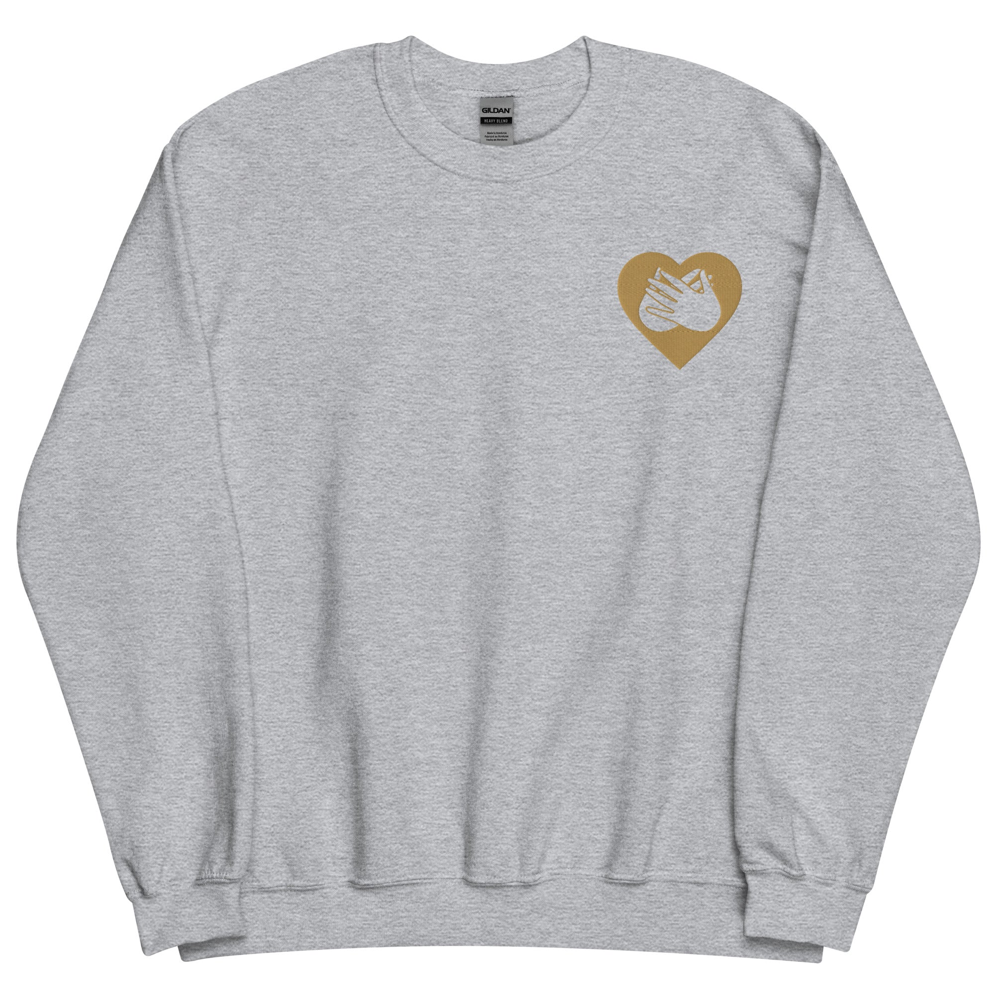 Front view of a sport grey sweatshirt showing a gold coloured heart and the iconic BSL Love sign embedded in it on the left side of the chest