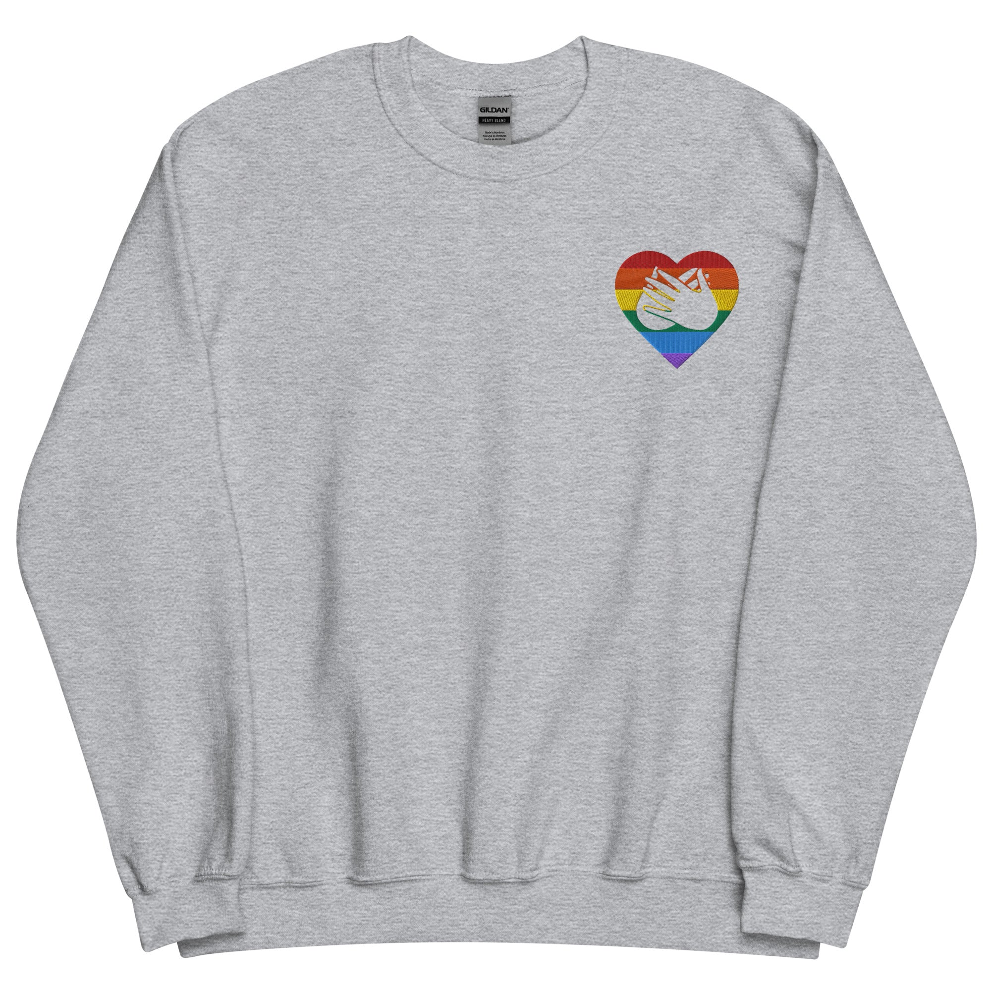 Front view of a sport grey sweatshirt showing a pride coloured heart and the iconic BSL Love sign embedded in it on the left side of the chest