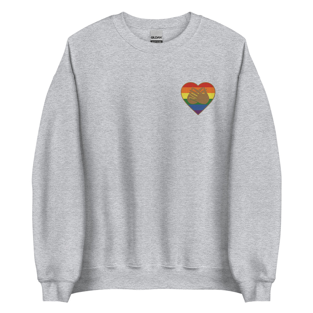 Front view of a sport grey sweatshirt showing a pride coloured heart and the iconic BSL Love sign embedded in it on the left side of the chest