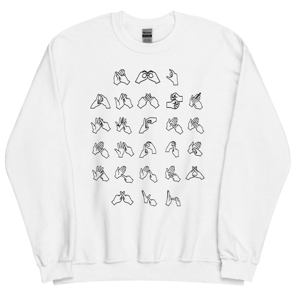 Front view of a white sweatshirt with BSL Alphabet - Black Fingerspelling