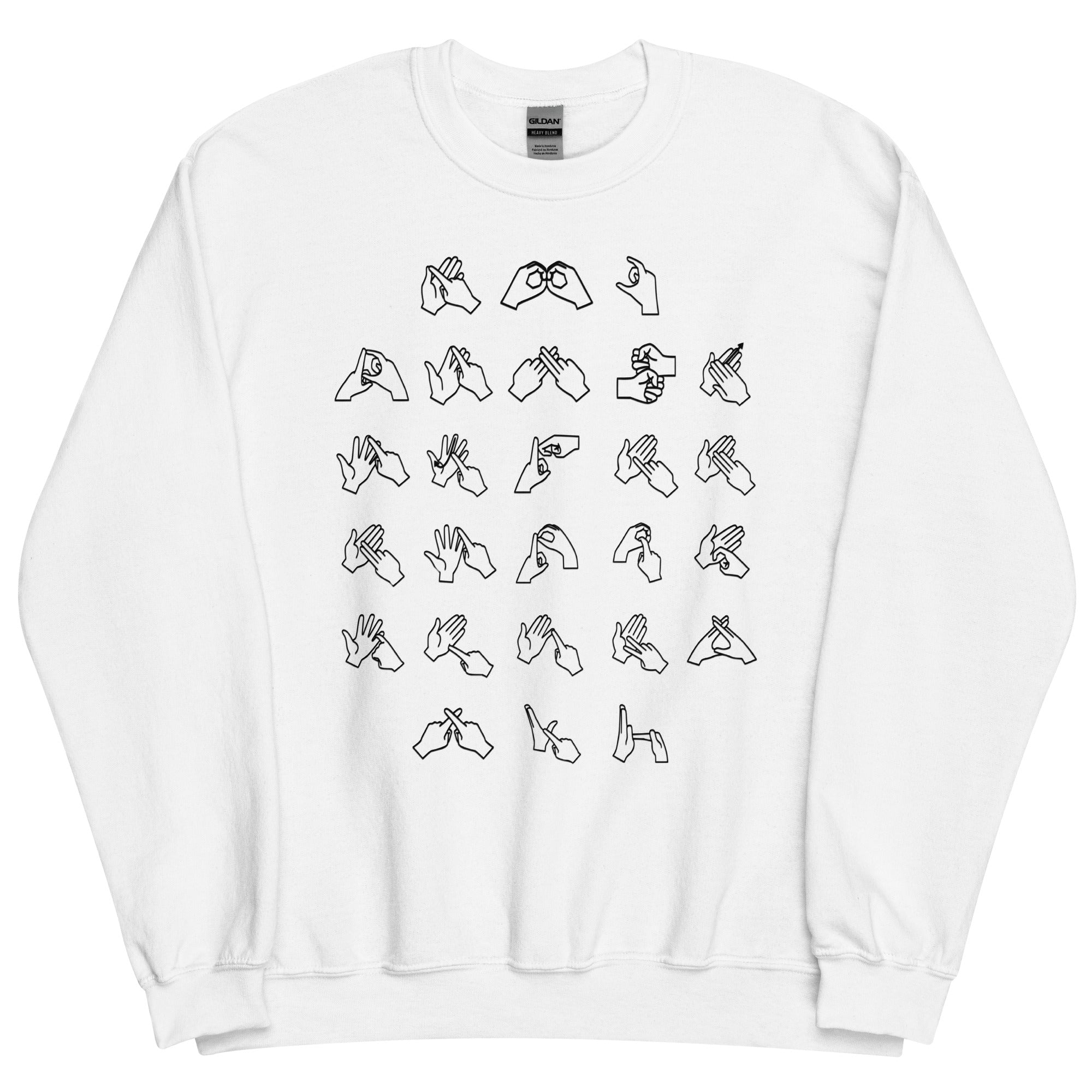 Front view of a white sweatshirt with BSL Alphabet - Black Fingerspelling