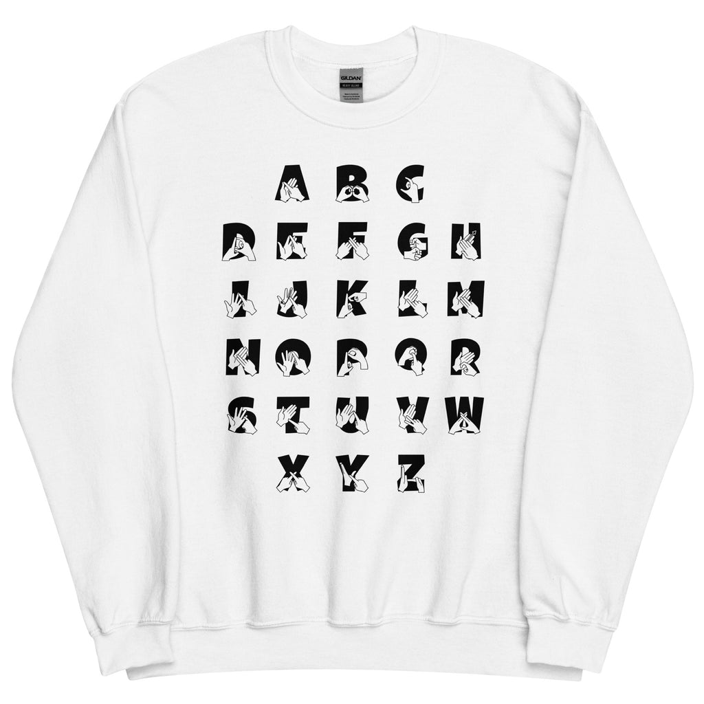 Front view of a white sweatshirt with BSL Alphabet - Black Fingerspelling & Text