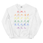 Front view of a white sweatshirt with BSL Alphabet - Pride Fingerspelling