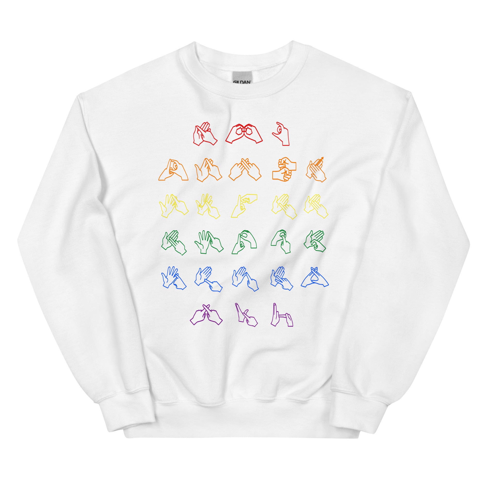 Front view of a white sweatshirt with BSL Alphabet - Pride Fingerspelling