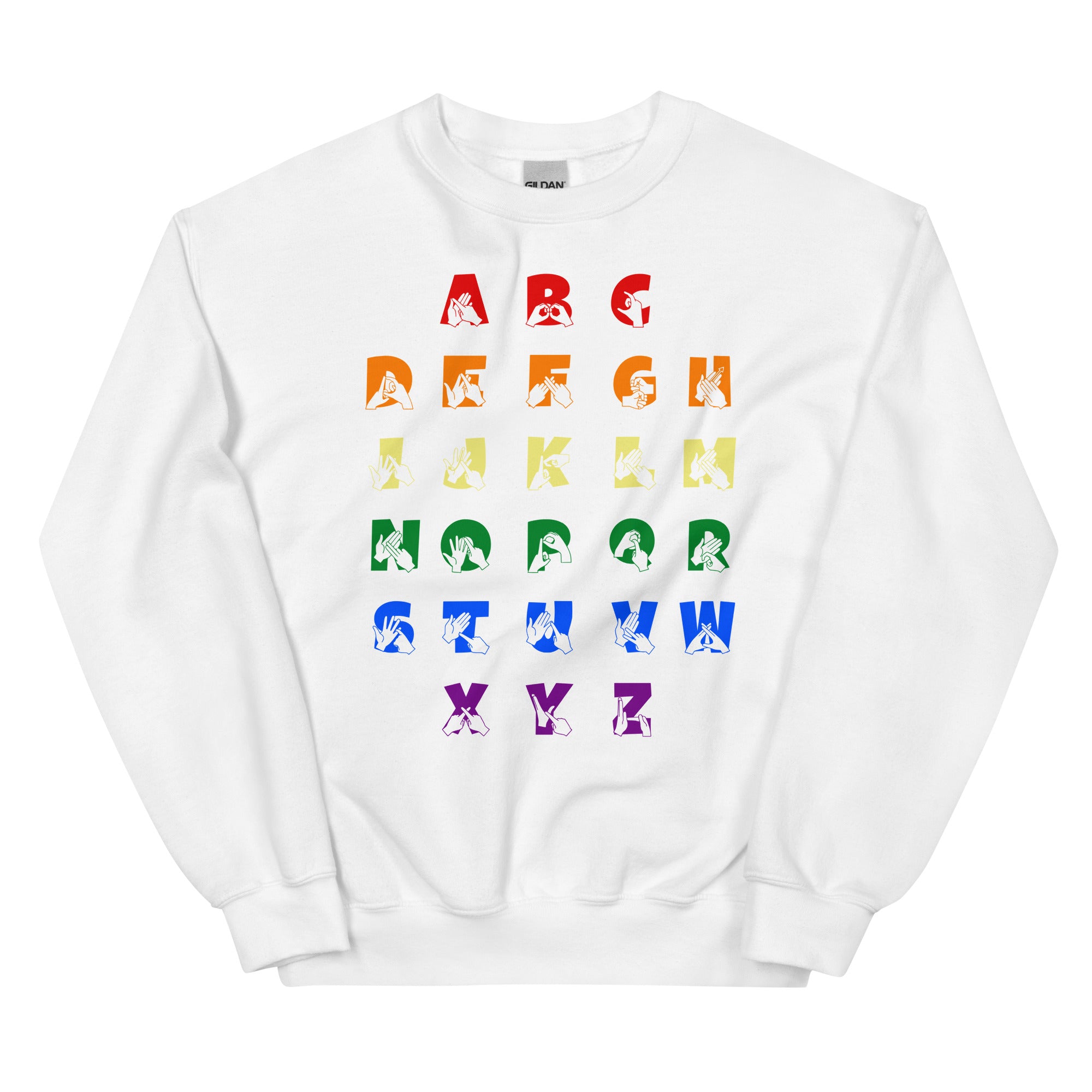 Front view of a white sweatshirt with BSL Alphabet - Pride Fingerspelling & Text