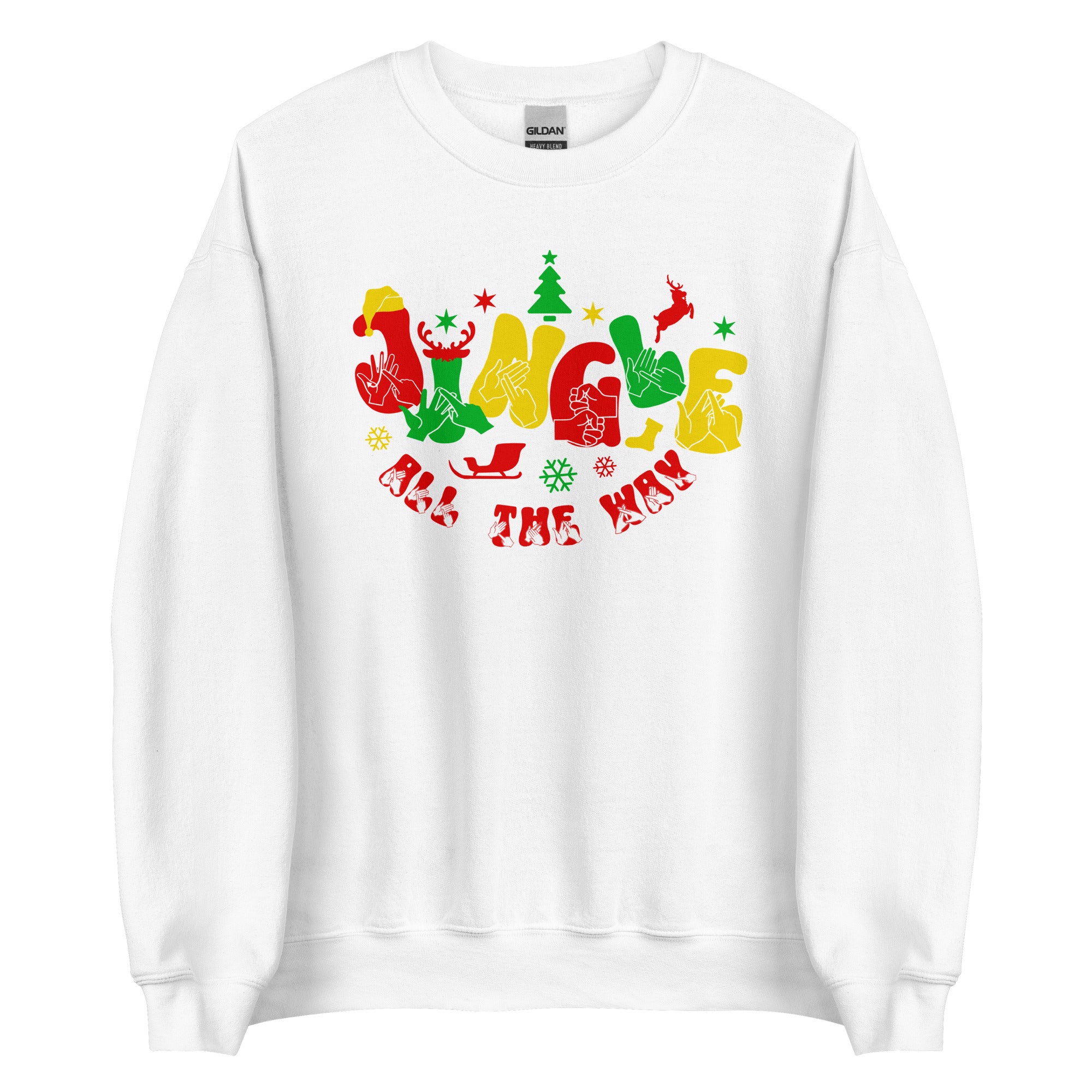 White coloured Jingle All The Way sweatshirt with BSL design.