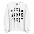 Front view of a white sweatshirt with BSL Alphabet - Black Fingerspelling & Text