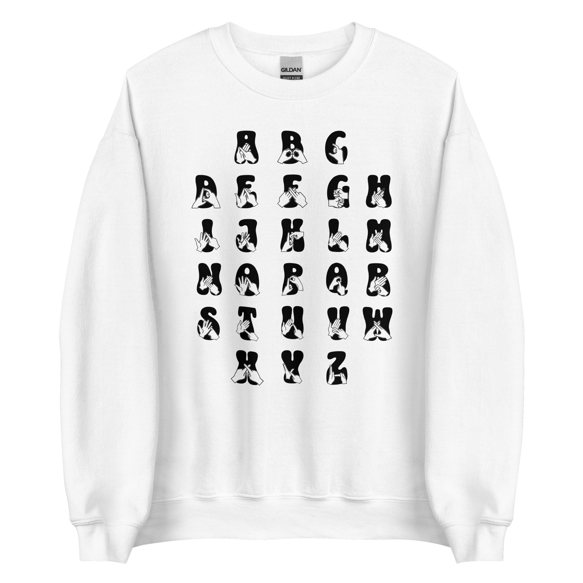Front view of a white sweatshirt with BSL Alphabet - Black Fingerspelling & Text