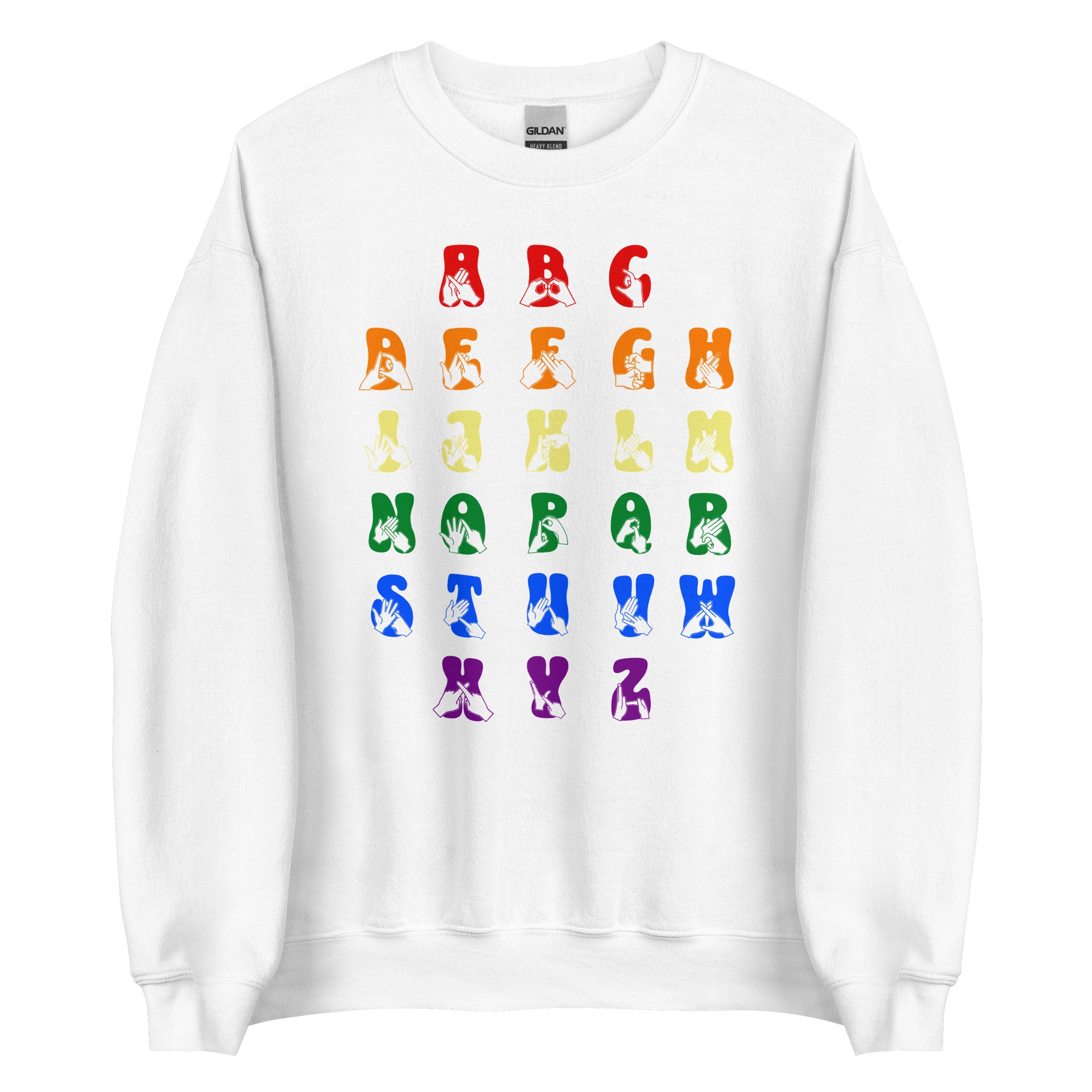 Front view of a white sweatshirt with BSL Alphabet - Pride Fingerspelling & Text
