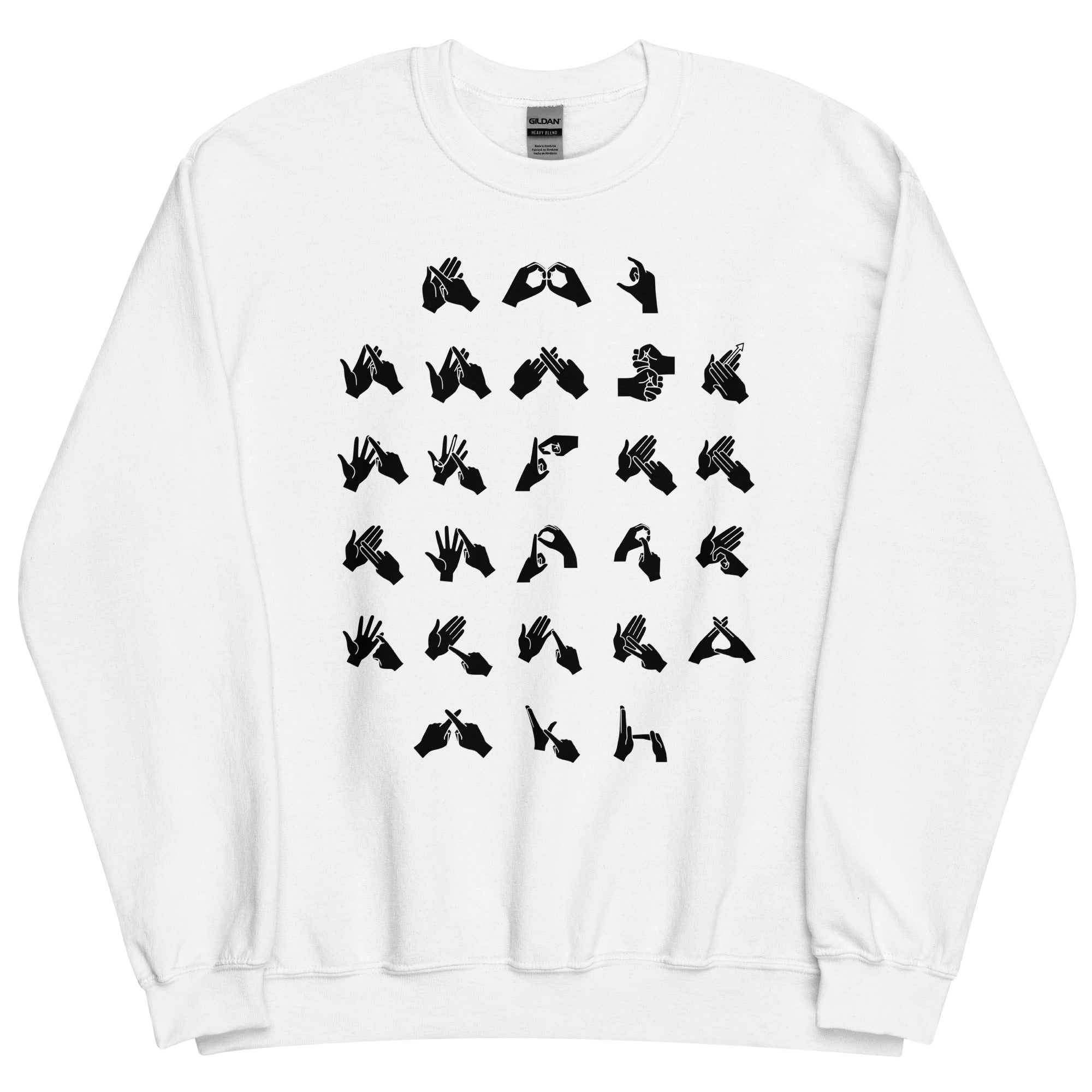 Front view of a white sweatshirt with BSL Alphabet - Black Fingerspelling