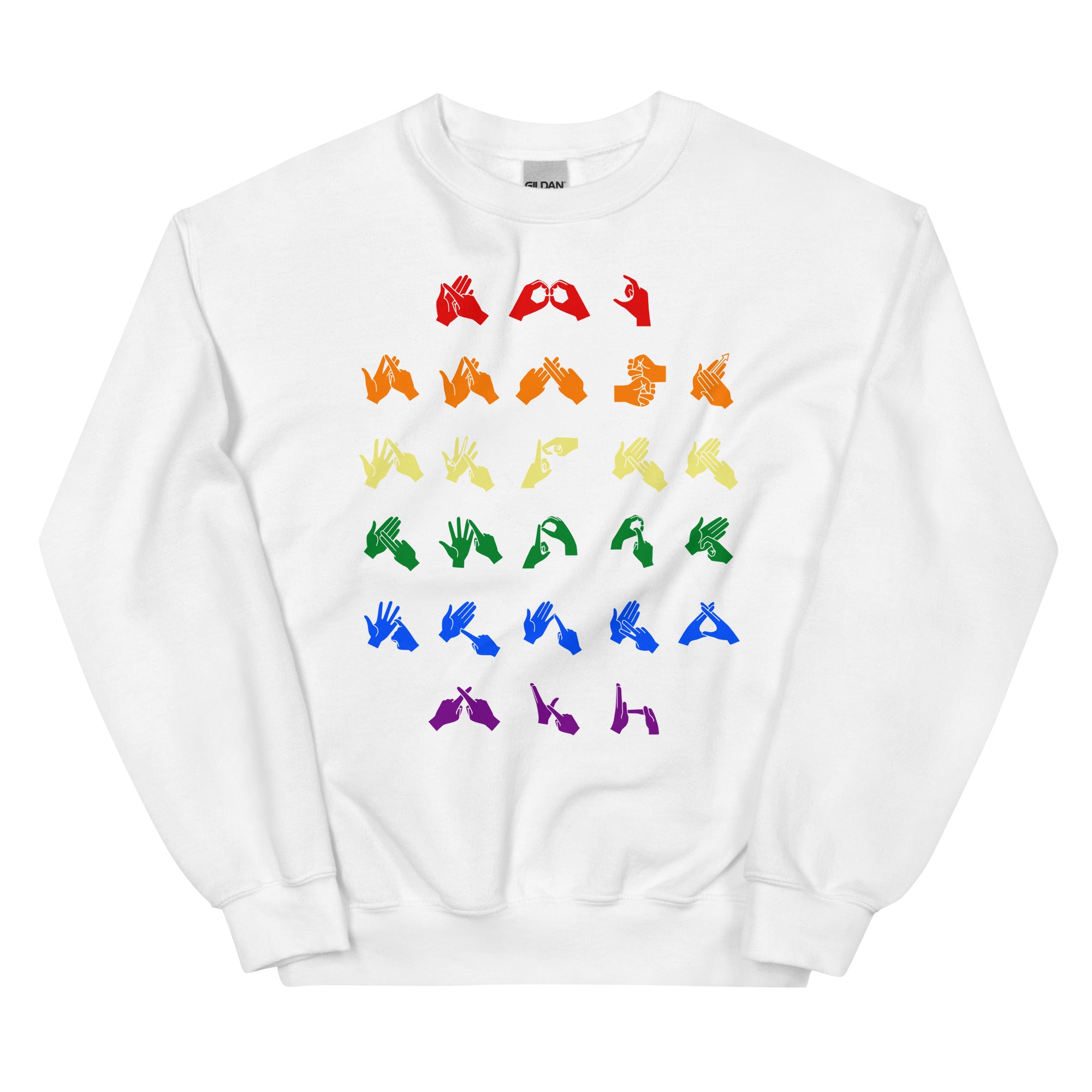 Front view of a white sweatshirt with BSL Alphabet - Pride Fingerspelling