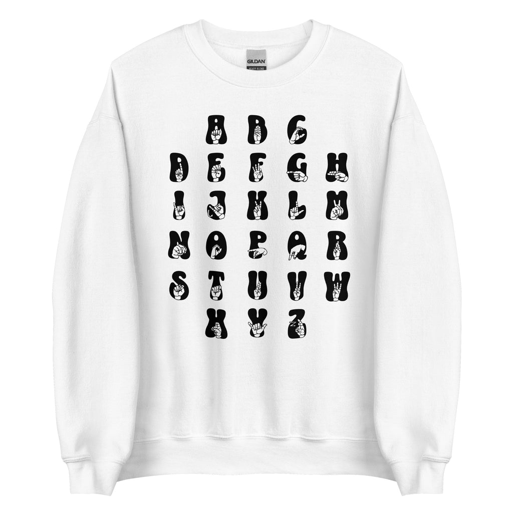 Front view of a white sweatshirt with ASL Alphabet - Black Fingerspelling & Text