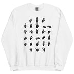 Front view of a white sweatshirt with ASL Alphabet - Black Fingerspelling