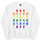 Front view of a white sweatshirt with ASL Alphabet - Pride Fingerspelling & Text
