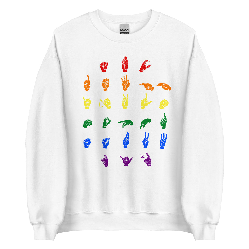 Front view of a white sweatshirt with ASL Alphabet - Pride Fingerspelling