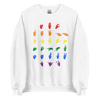 Front view of a white sweatshirt with ASL Alphabet - Pride Fingerspelling