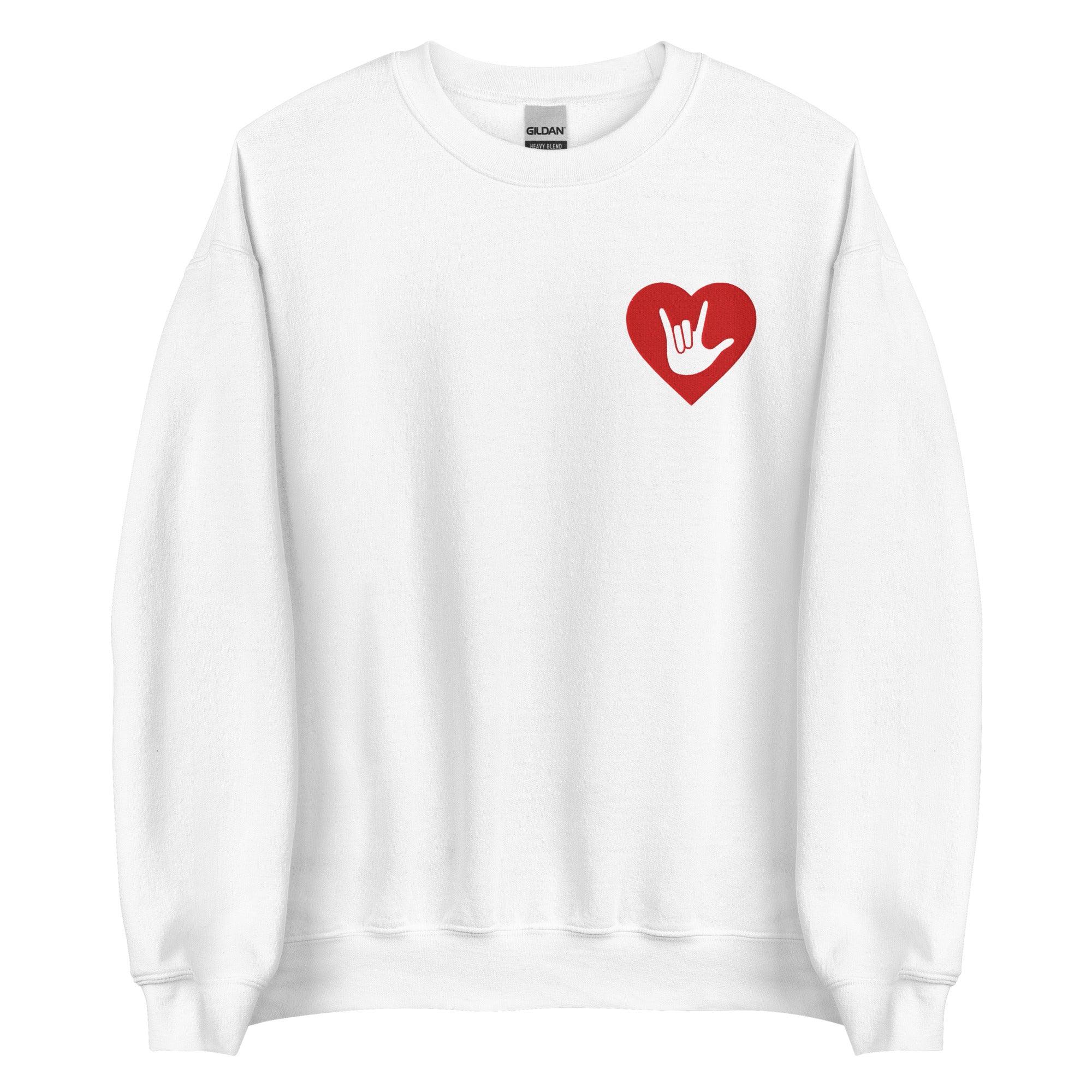 Front view of a white sweatshirt showing a red coloured heart and the iconic ASL I Love You sign embedded in it on the left side of the chest