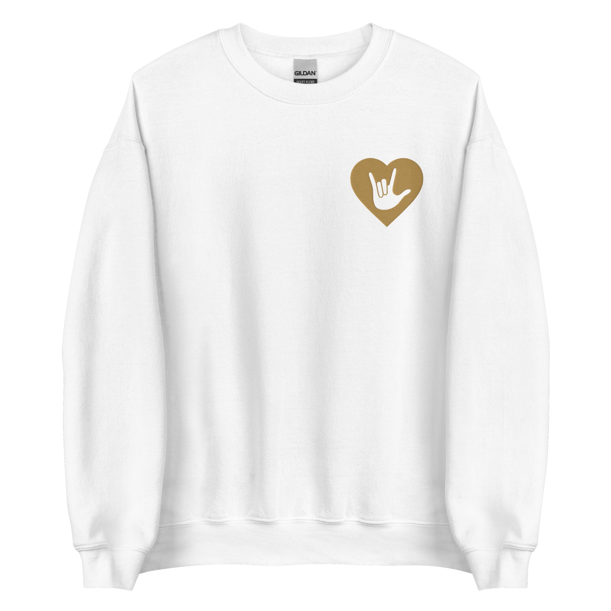Front view of a white sweatshirt showing a gold coloured heart and the iconic ASL I Love You sign embedded in it on the left side of the chest