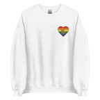 Front view of a white sweatshirt showing a pride coloured heart and the iconic ASL I Love You sign embedded in it on the left side of the chest