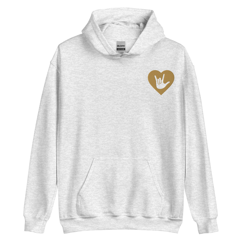 Front view of a maroon hoodie showing a ash colored heart and the iconic ASL I Love You sign embedded in it on the left side of the chest