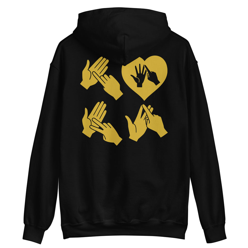 Back view of a black hoodie with the word Love in gold BSL Fingerspelling with the 'O' embedded in a heart shape