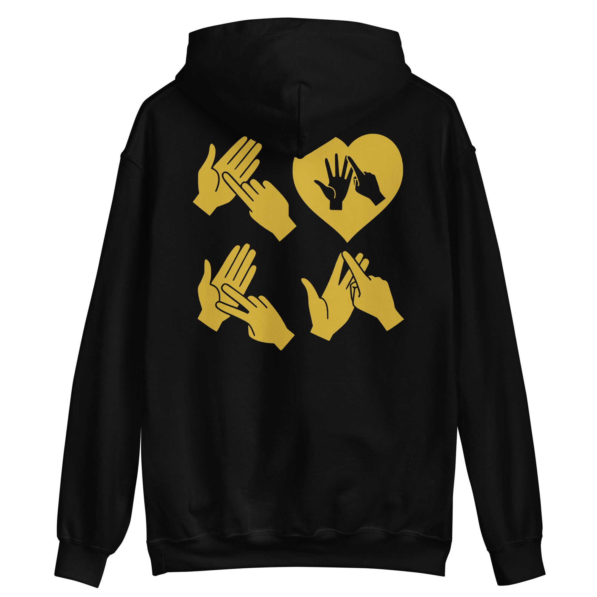 Back view of a black hoodie with the word Love in gold BSL Fingerspelling with the 'O' embedded in a heart shape
