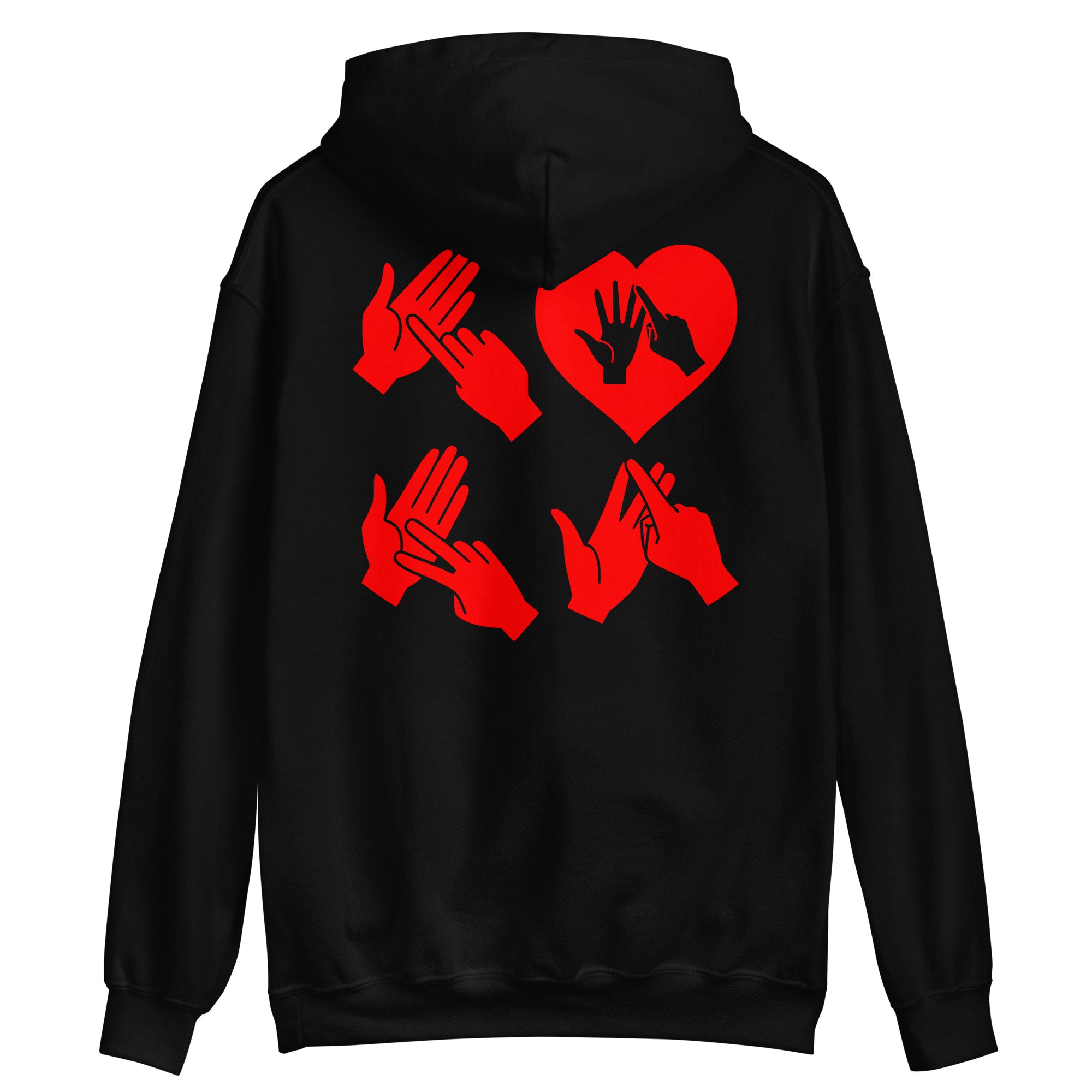 Back view of a black hoodie with the word Love in red BSL Fingerspelling with the 'O' embedded in a heart shape