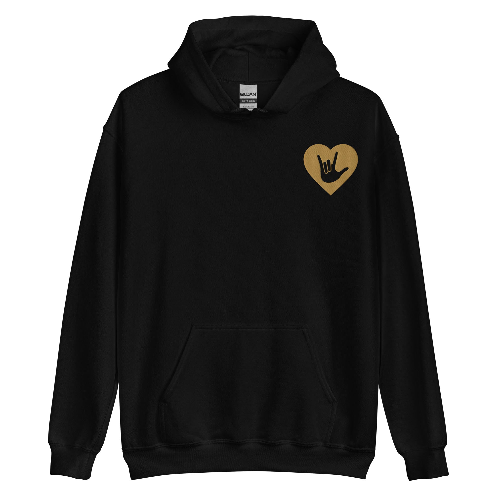 Front view of a black hoodie showing a gold coloured heart and the iconic ASL I Love You sign embedded in it on the left side of the chest
