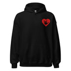 Front view of a black hoodie showing a red coloured heart and the iconic ASL I Love You sign embedded in it on the left side of the chest