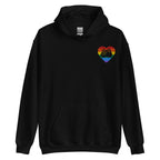 Front view of a black hoodie showing a pride coloured heart and the iconic BSL Love sign embedded in it on the left side of the chest