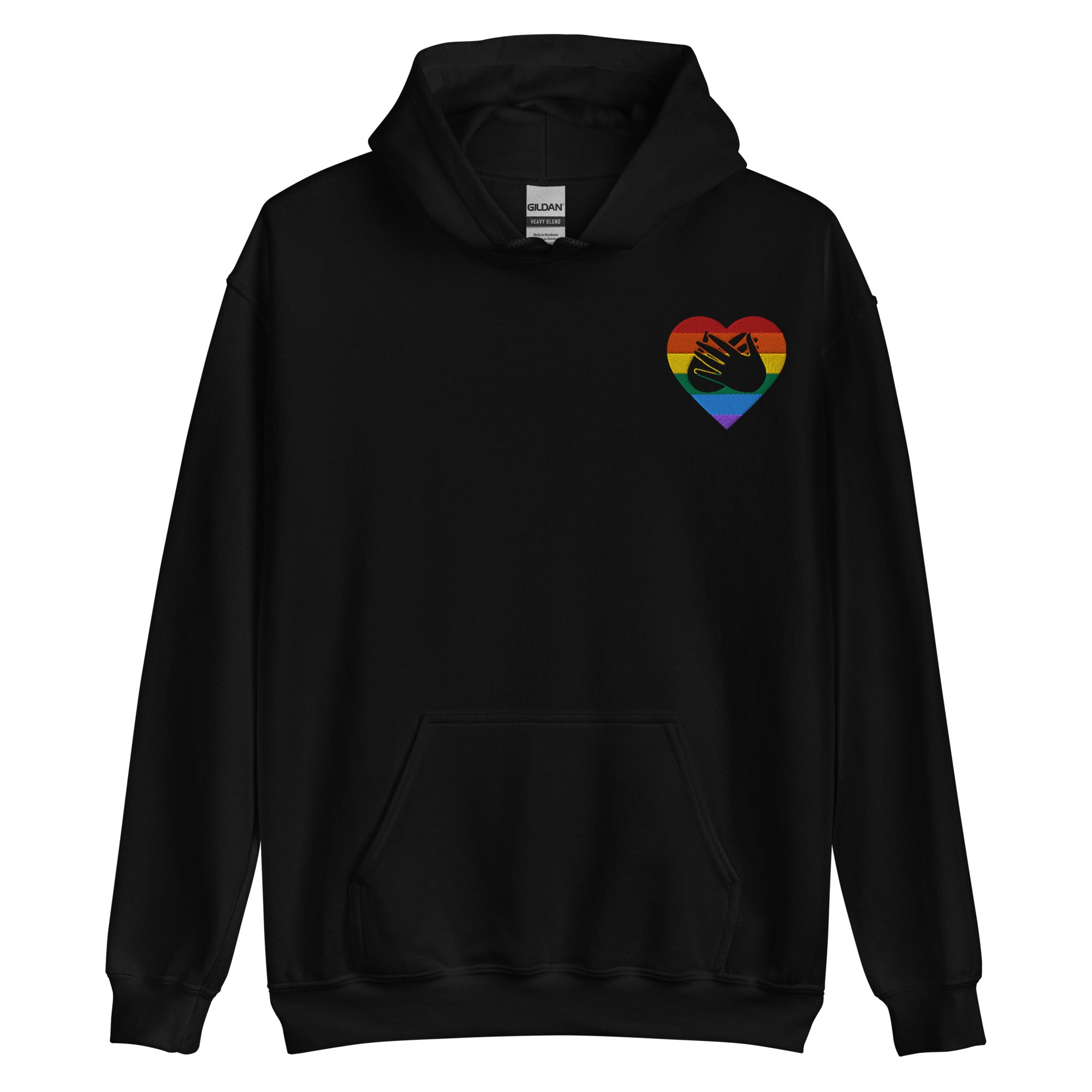 Front view of a black hoodie showing a pride coloured heart and the iconic BSL Love sign embedded in it on the left side of the chest
