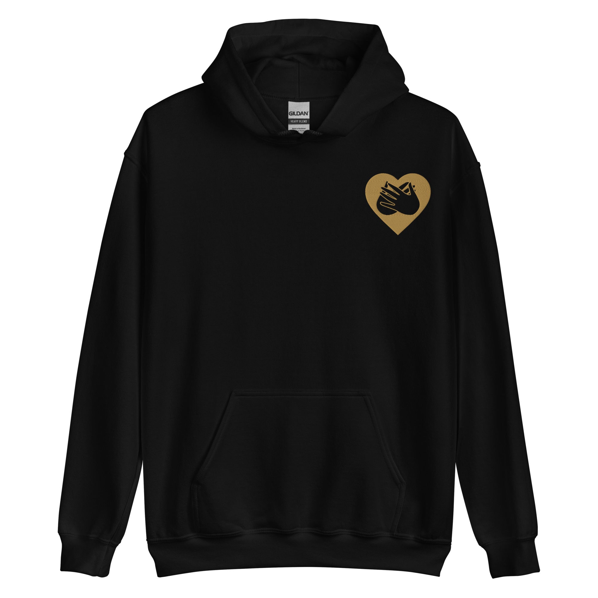 Front view of a black hoodie showing a gold coloured heart and the iconic BSL Love sign embedded in it on the left side of the chest