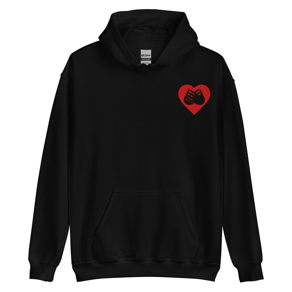 Front view of a black hoodie showing a red coloured heart and the iconic BSL Love sign embedded in it on the left side of the chest