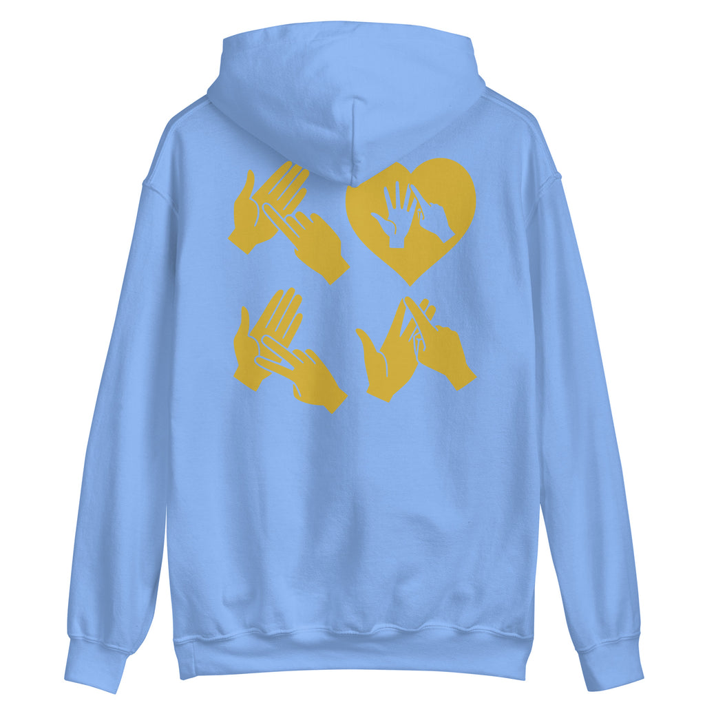 Back view of a carolina blue hoodie with the word Love in gold BSL Fingerspelling with the 'O' embedded in a heart shape